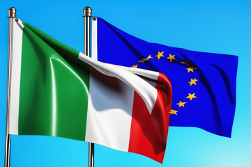 EU und Italien Flagge vor blauem Himmel im Wind als Hintergrund