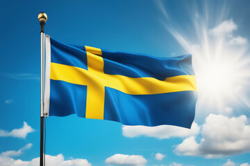 Schwedische Flagge vor blauem Himmel im Wind als Hintergrund