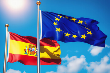 EU und Spanien Flagge vor blauem Himmel im Wind als Hintergrund
