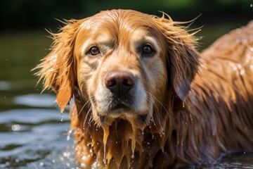 Joyful dog emerging from the water after a refreshing swim in the river