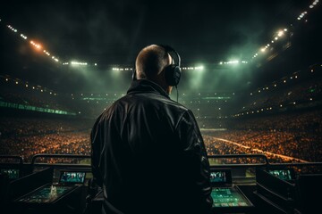 Side view of match host on podium wearing headphones at stadium with football field background