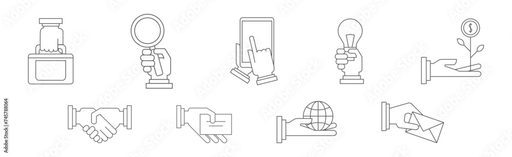 Poster human hand perform different action line vector set