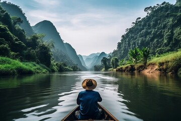 Man sailing small wooden boat on scenic river among majestic mountains, rear view