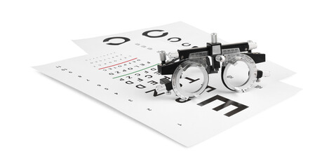 Trial frame and vision test charts isolated on white