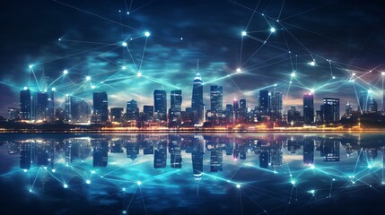 Smart city and digital transformation.  Cityscape, telecommunication  and communication network concept. Big data connection technology.De-focused background