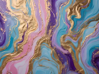 Zelfklevend Fotobehang Colourful unicorn abstract marble background. alcohol ink golden line glitter wallpaper. backdrop design. © Chonnipha