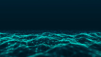 Colored polygonal space. Futuristic wave with dots and lines. Connection dots and lines structure. Digital background. Plexus effect. 3d.