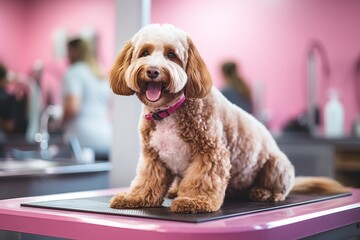 Adorable dog poses while getting pampered in a stylish and modern grooming salon