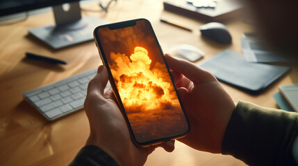 Close up of hands holding phone, reading bad news about explosion as a symbol of all negative information and  doomscrolling
