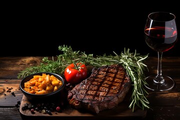 Delicious grilled steaks with spices and red wine on wooden table and dark background, top view