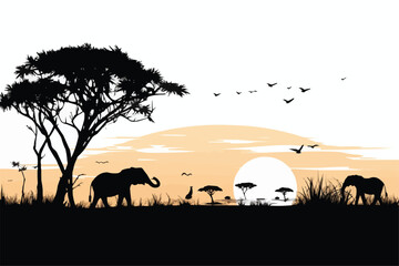 Fototapeta premium Silhouettes of African safari animal, African safari animals and trees silhouettes