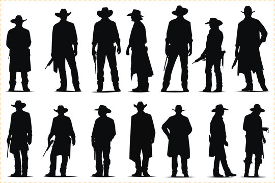 Set of cowboy silhouettes, Black silhouettes of Cowboy, silhouettes of a cowboy in different poses