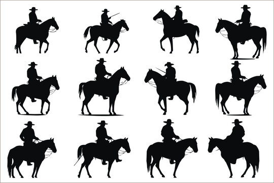 Set of cowboy silhouettes, Black silhouettes of Cowboy, Silhouette Set of Cowboys and Horses, Woman exercising silhouettes icon set