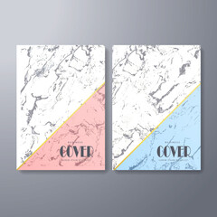 Sophisticated business cover designs with a diagonal split featuring pink and blue marble textures for a professional