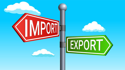 Red green arrows sign import export conceptual illustration on blue sky background. Raster illustration