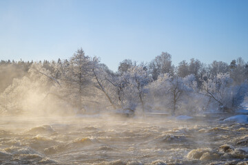 River landscape with frost and snow in a cold morning. Farnebofjarden national park in north of Sweden. - 745790214