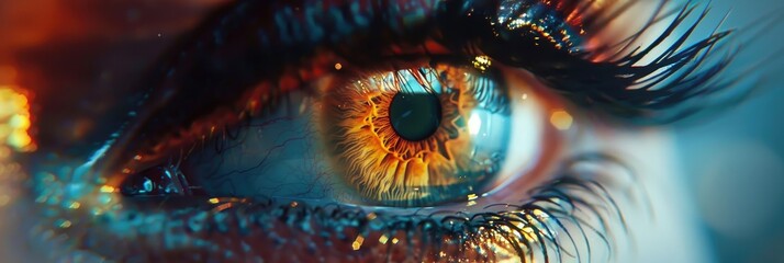 Close-up of a virtual hologram in an eye. Generative Ai. - obrazy, fototapety, plakaty