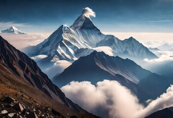 Himalayan mountain top above the clouds. Mountains seem so close, offering epic views of the legendary peaks of Dhaulagiri and Machapuchare. - - obrazy, fototapety, plakaty