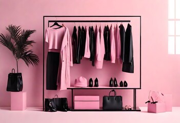Modern wardrobe with stylish pink black female clothes and accessories. Rack with female clothes-