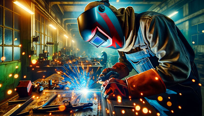 Skilled welder in protective gear working with intense sparks flying in a gritty industrial workshop.