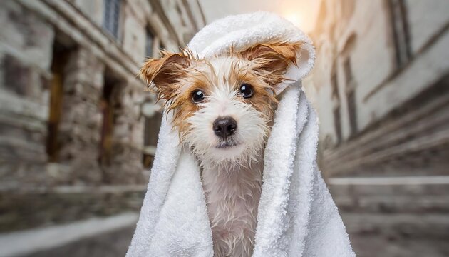 Generated image of cute dog is covered in white terry towel
