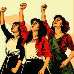 Illustration de femmes levant le point en l'air pour le 8 mars, journée des droits de la femme  - obrazy, fototapety, plakaty