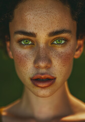 Close up Portrait Photo of a Very Beautiful Woman with Green Eyes and Freckles