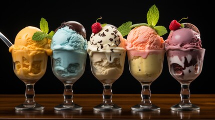 Colorful ice cream scoops with berries, nuts, and fruits on pink background, variety of flavors.
