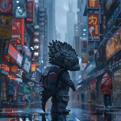 Fototapeta na wymiar Godzilla baby playfully roaming through a futuristic Tokyo merging kaiju charm with urban tech wonders