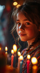 Portrait of a little girl praying with candles in a church.