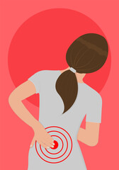 Vector illustration of a girl having back pain. Osteochondrosis, pain, rheumatism.