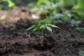 Single cannabis plant growing in the organic soil outdoors under the sun