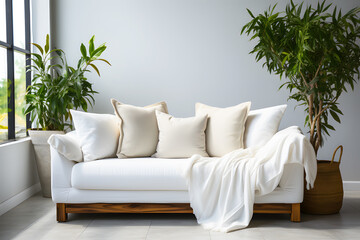 Modern empty white sofa pillow pillow placed on top on white background. Decorate place in living room or drawing room with plant vase. Sunlight shining through window. Modern interior decoration.	