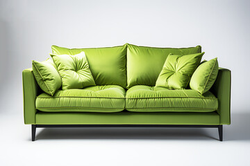 Modern empty light green sofa with pillow placed on white background. Modern interior by furniture decoration. Decoration place in living room or drawing room. Realistic sofa clipart template pattern.