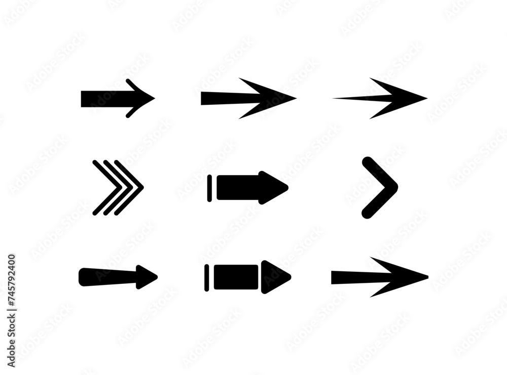Poster arrows to the right set. linear, right arrow icons of different shapes, arrow collection. vector ico