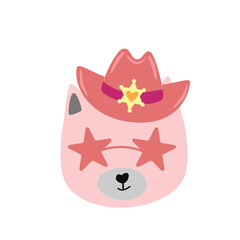 Cute little cat with a cowboy hat. Wild West fashion style vector for invitation, wrapping paper, packaging etc.