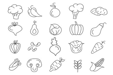 Set of vegetables in flat design. Healthy food. Salad, carrot, broccoli, potato, mushroom, agriculture. Hand drawn doodles. Editable seamless pattern. Vector illustration