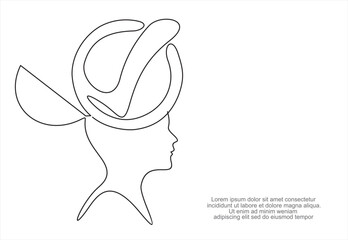 Continuous line one drawing of human head with check mark inside. Organization management concept