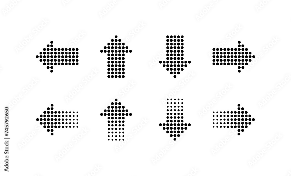 Poster arrow icons made from dots. linear, a set of arrows in different directions, arrows from dots. vecto