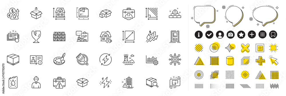 Aufkleber set of send box, warning briefcase and search package line icons for web app. pictogram icon vector