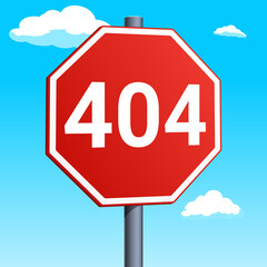Stop sign with 404 error page red road sign isolated on blue sky background. Conceptual illustration. Hand drawn color raster illustration.