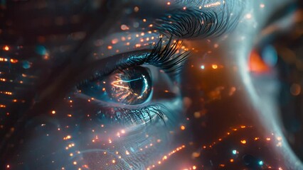 Close up shot of female eyes with glowing digital symbols on face, looking aside - Powered by Adobe