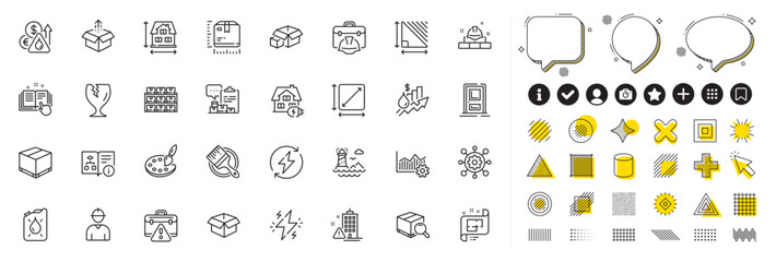 Set of Send box, Warning briefcase and Search package line icons for web app. Pictogram icon Vector
