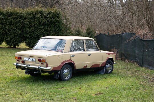 Rear view of Lada VAZ 2101 Russian car with rust repaired but not painted