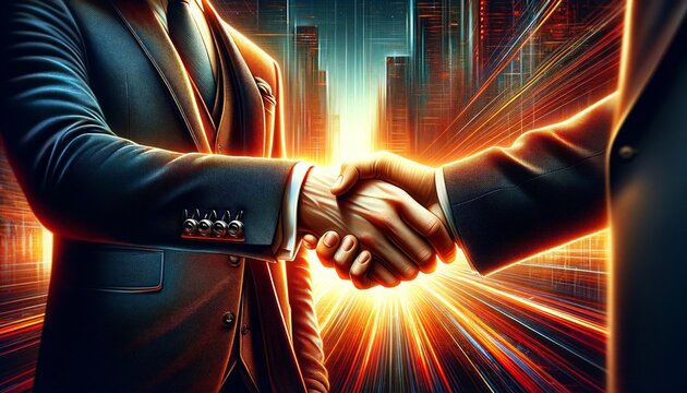 Two businessmen in tailored suits are engaged in a firm handshake, set against a backdrop that blends neon light trails and digital skyscraper silhouettes. 