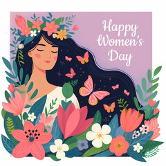 Colorful Illustration with young woman, butterflies and flowers. International women's day gift card.