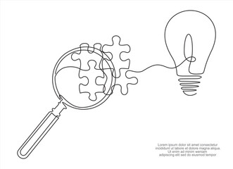 idea search icon, magnifier with light bulb, creative vision, thin line symbol on white background.Continuous one line drawing	
