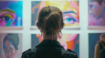 A young woman in a modern art gallery, appreciating the exhibits.