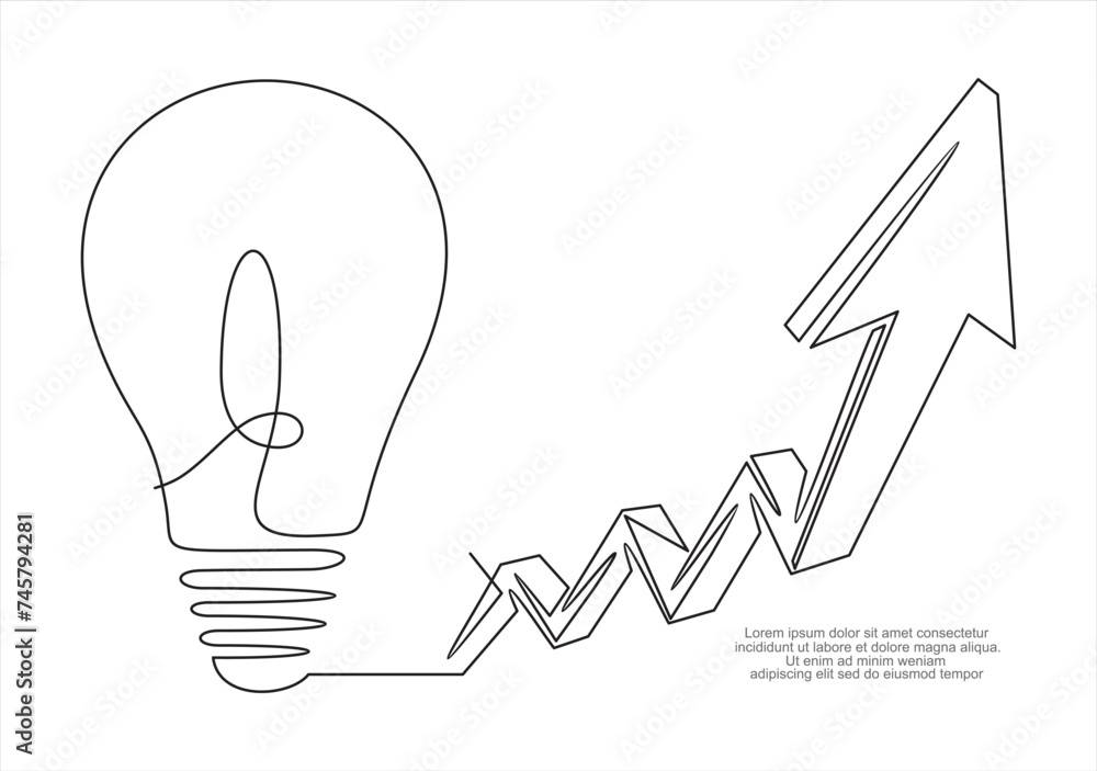 Aufkleber continuous one line drawing of light bulb with increasing up arrow bar graph. startup idea creative 