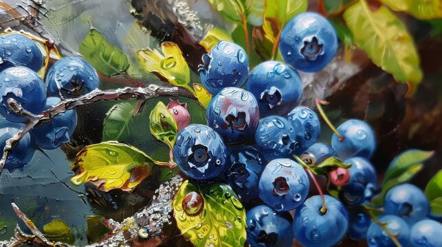 Oil paint illustration of ripe blueberries on a bush. Juicy ripe blueberries in a natural environment in nature. Sustainable consumption of natural resources